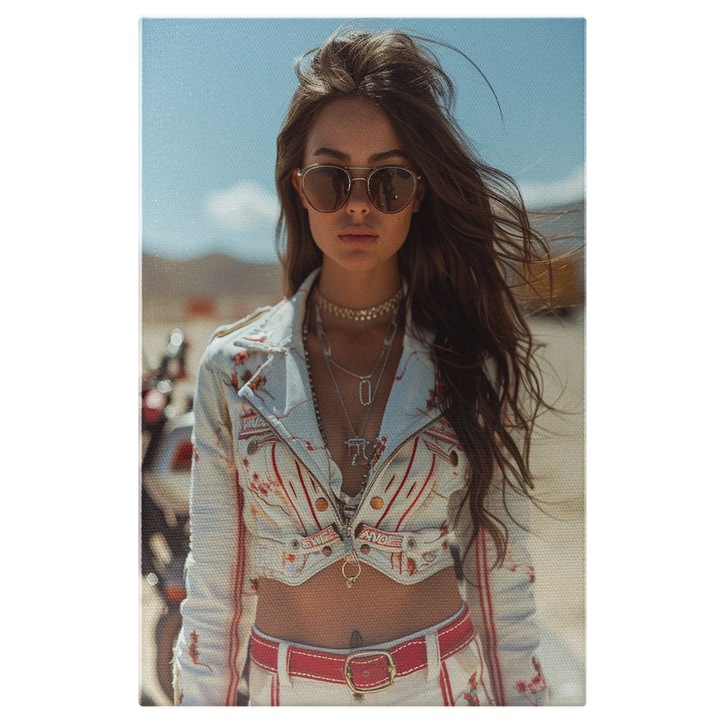 Tablou Canvas Iubitoare de Motociclete in Jacheta si Pantaloni Alb si Ochelari cu Lanturi si Curea Rosie, Pictura Digitala 40x25CM