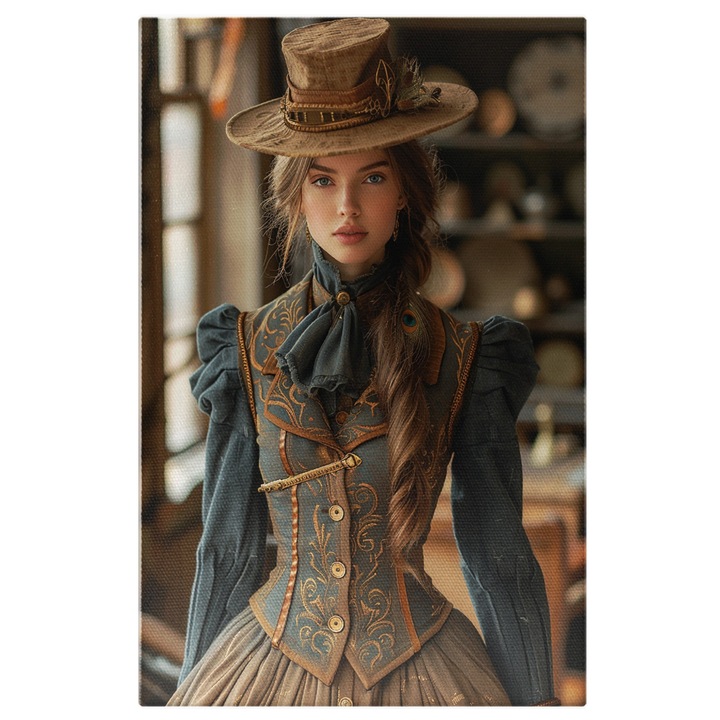 Tablou Canvas The Medieval Girl cu Parul Lung intr-o Camera Veche cu Palarie si Vesta cu Nasturi, Pictura Digitala 40x25CM