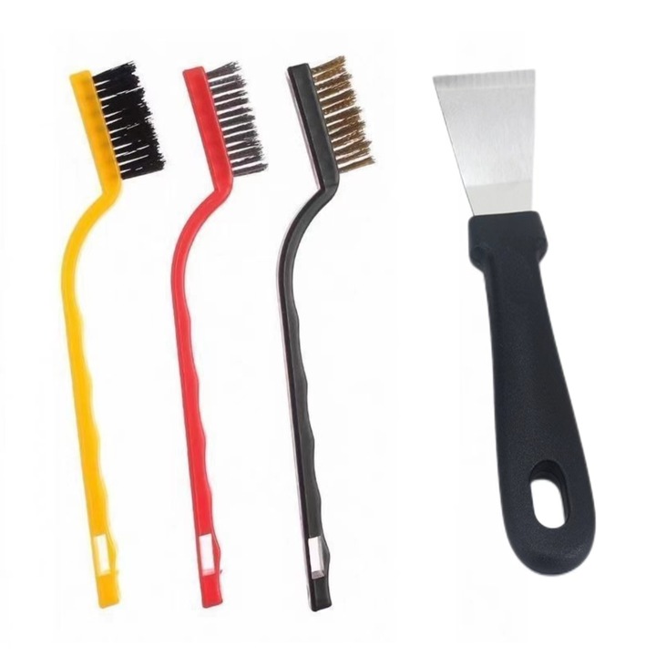 Set de curatare pentru bucatarie, 3 perii aragaz si 1 racleta, nylon, multicolor, 17x2cm/16.5x3.5cm