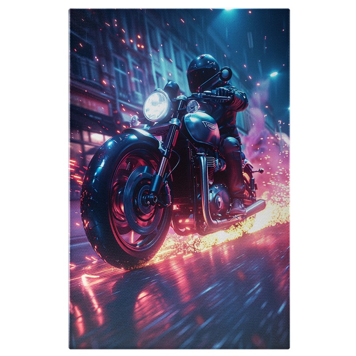 Tablou Canvas Barbat Imbracat in Negru Gonind cu Viteza pe Strada Orasului Luminat cu Motocicleta, Pictura Digitala 40x25CM