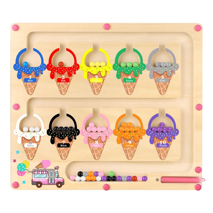Labirint magnetic cu numere si culori, Joc educativ Montessori, Lemn, Multicolor, 3-5 ani