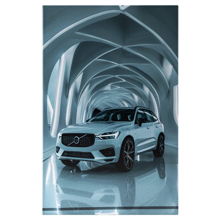 Картина на платно за бял автомобил Volvo с мощни фарове в бяла стая, дигитална картина 100x70CM