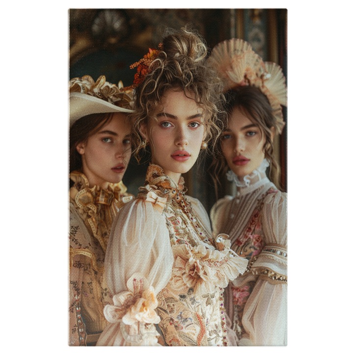 Картина на платно Три дами, облечени в средновековни рокли с шапки и очарователни очи с чувствени погледи, дигитална картина 100x70CM