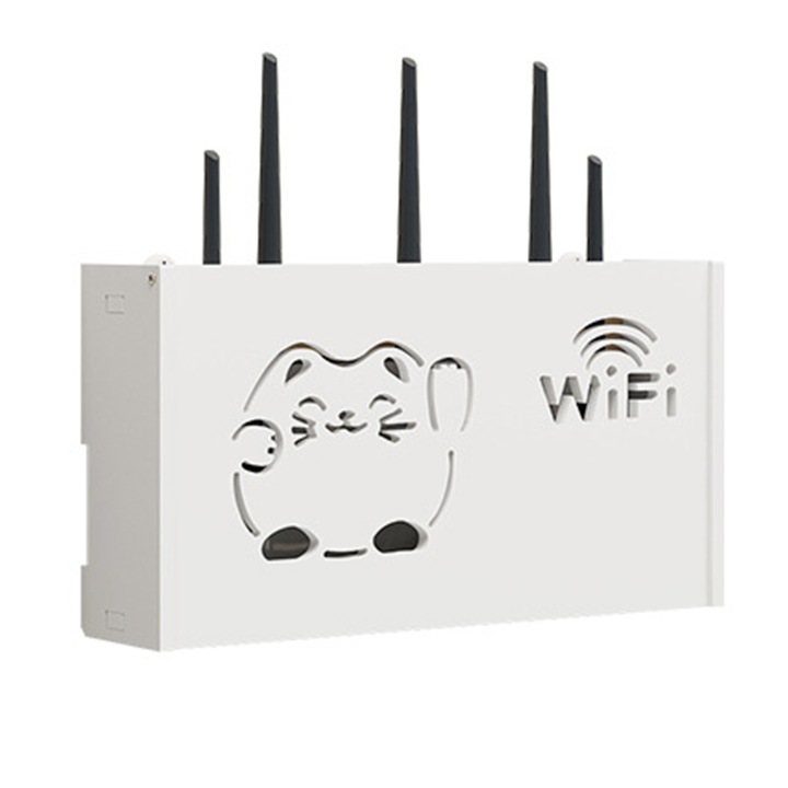 Cutie pentru router, montare pe perete, design pisica, alb, 38x20x8.5cm