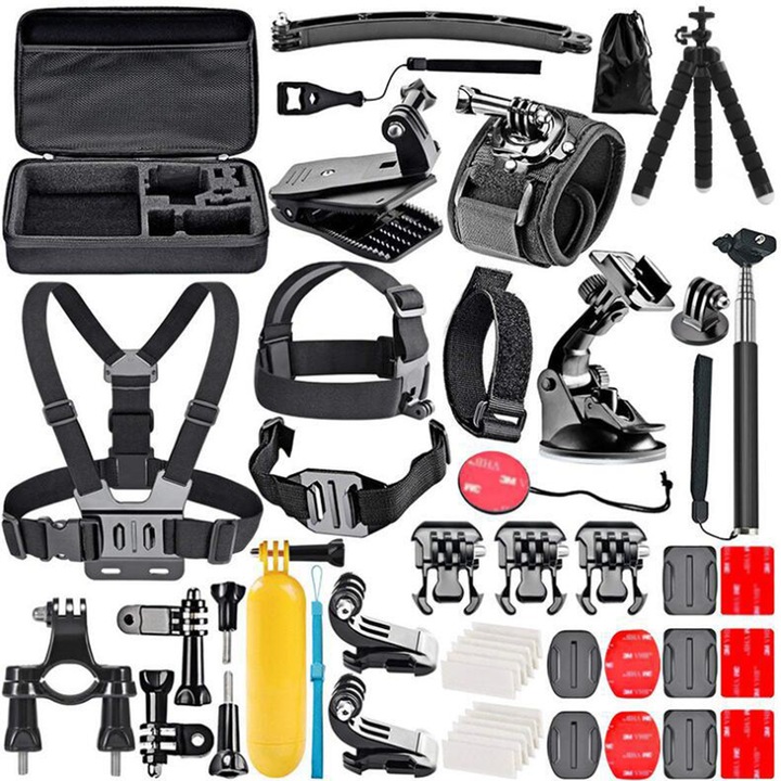 Комплект аксесоари за екшън камера, съвместим с GoPro Hero/SARGO/SJCAM/Ausek, 50 части, издръжлив материал, включва чанта за носене, черен