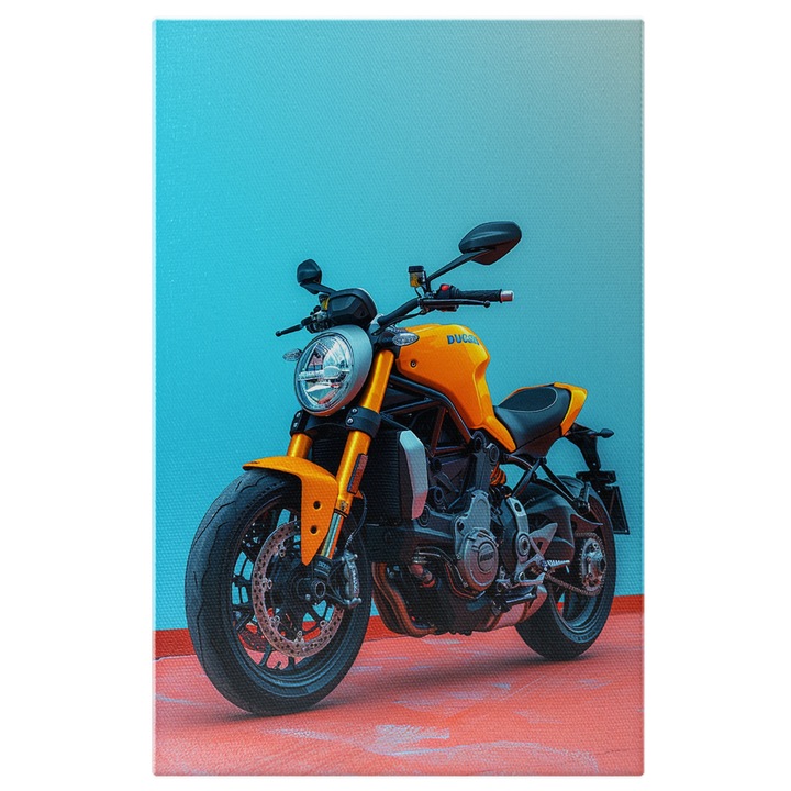 Tablou Canvas Perfect pentru Iubitorii de Motociclete, O Motocicleta Galbena Asezata langa un Perete Albastru, Pictura Digitala 40x25CM