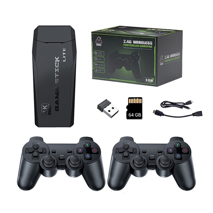 Ретро конзола, JESWO, 25000+ игри, 4K HDMI, 2 безжични 2.4G контролера, черен, 64GB