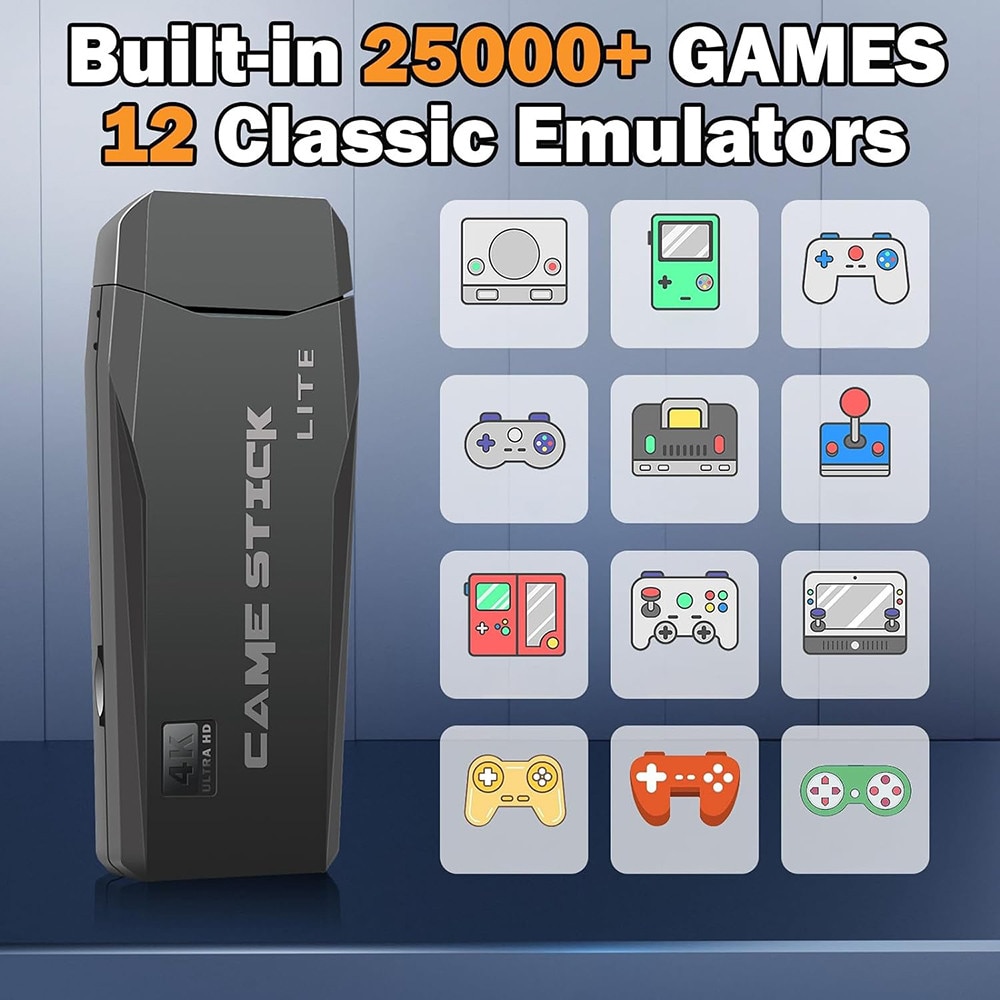 Consola Retro, JESWO, 25000+ jocuri, 4K HDMI, 2 controlere wireless 2.4G, Negru, 64GB