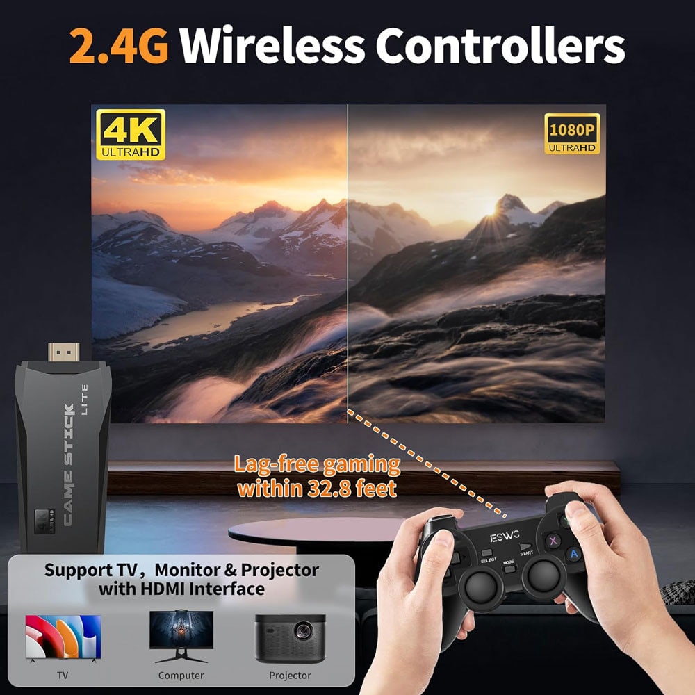 Consola Retro, JESWO, 25000+ jocuri, 4K HDMI, 2 controlere wireless 2.4G, Negru, 64GB