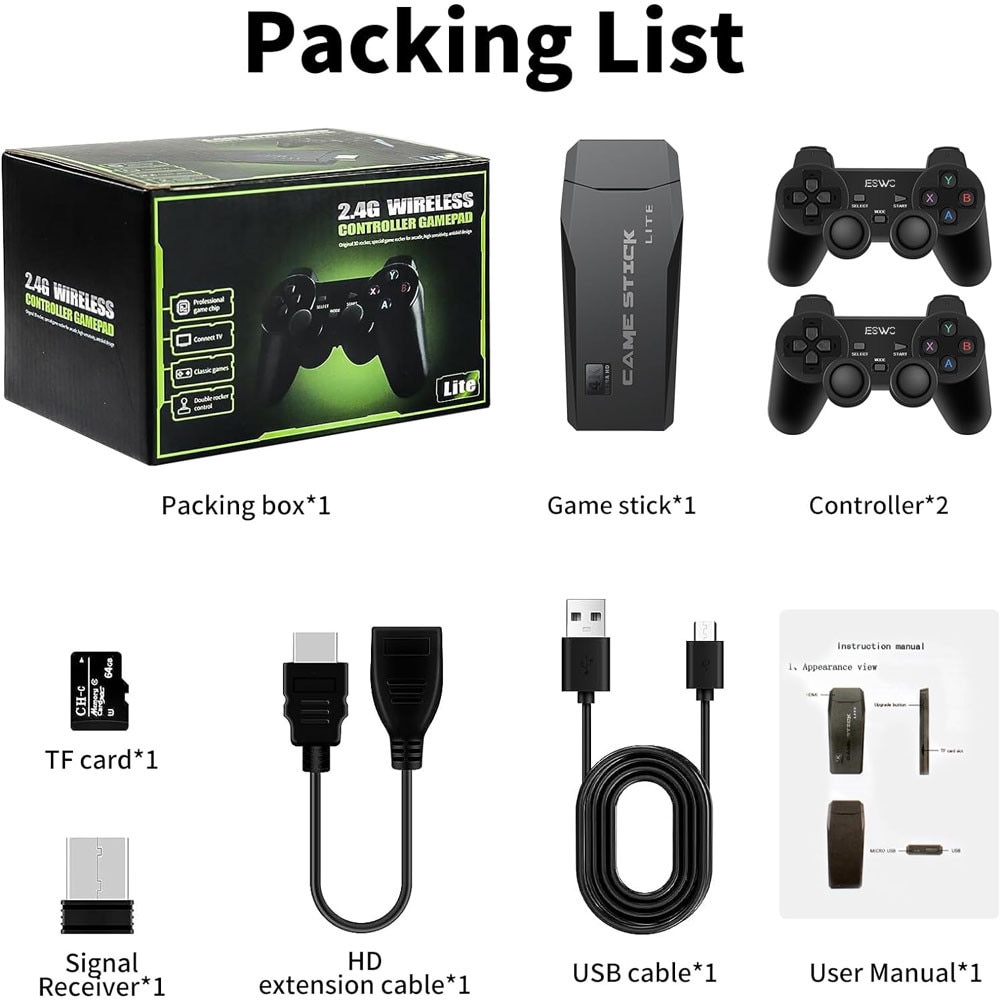 Consola Retro, JESWO, 25000+ jocuri, 4K HDMI, 2 controlere wireless 2.4G, Negru, 64GB