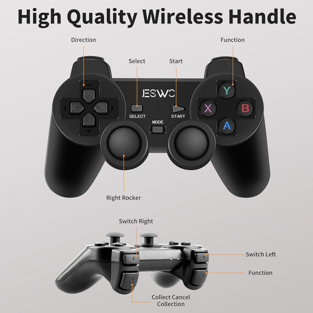 Consola Retro, JESWO, 25000+ jocuri, 4K HDMI, 2 controlere wireless 2.4G, Negru, 64GB