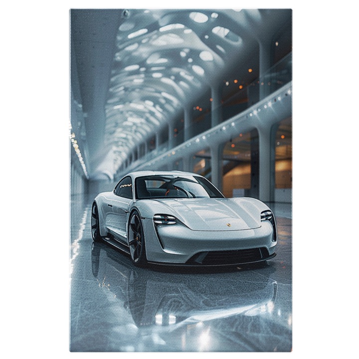Tablou Canvas Frumoasa Masina pentru Iubitorii de Porsche de Culoare Alba cu Interiorul Negru Shiny Car, Pictura Digitala 40x25CM