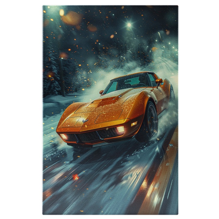 Картина на платно Блестяща кола Corvette на хлъзгав път Блестяща жълта кола, луксозна кола, дигитална картина 90x60CM
