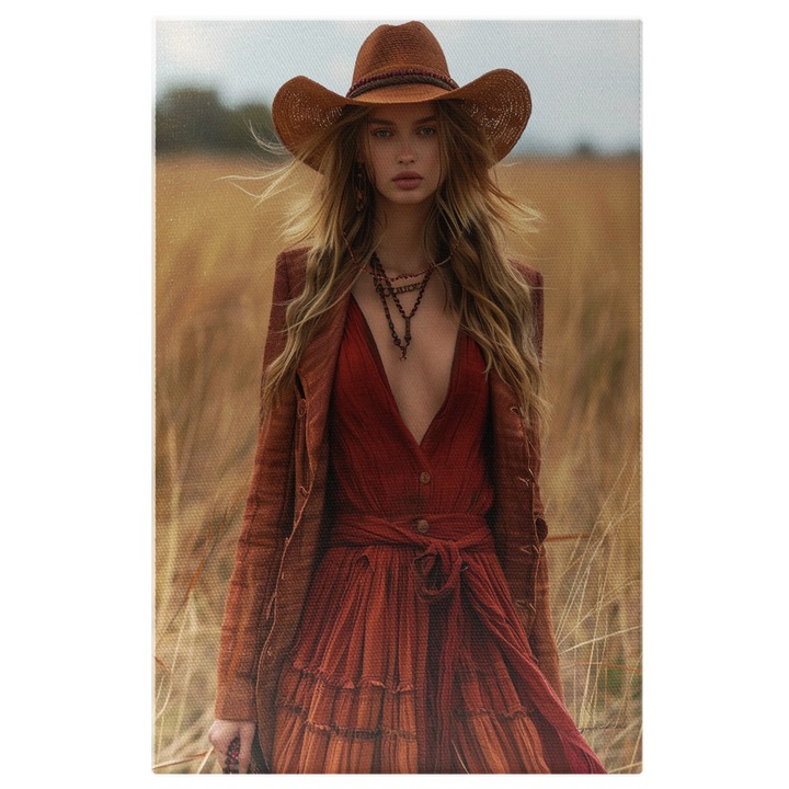 Tablou Canvas Fata Imbracata in Rochie Rosie cu Palarie si Lant cu Ochii Albastri in Campul de Grau, Pictura Digitala 60x40CM