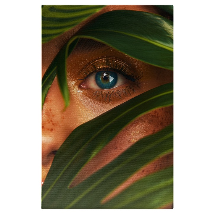 Картина на платно Иззад растенията се появява очарователно синьо око и лунички върху блестящо лице, дигитална картина 70x50CM