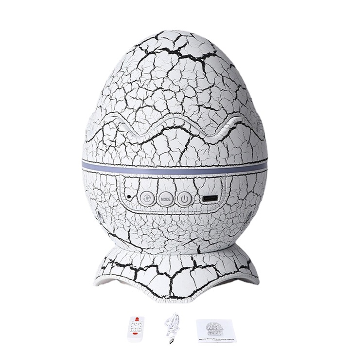 Proiector Stele Ou de Dinozaur 4 IN 1, Lampa veghe copii, Speaker Bluetooth, LED, 19 Sunete Albe, Rotatie 360°, 14 Proiectii si Culori cu 4 Luminozitati cu Telecomanda, Functie de Cronometru, Wireless, Alb