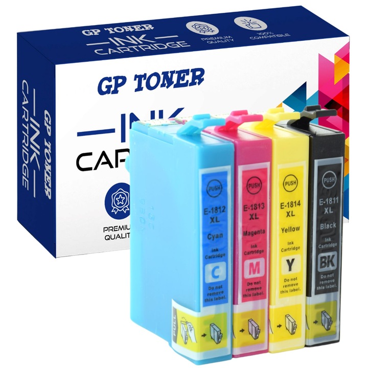 Set de 4 cartuse de cerneala compatibile cu Epson T1811-4 pentru modelele XP102, XP202, XP205 - GP TONER, CMYK