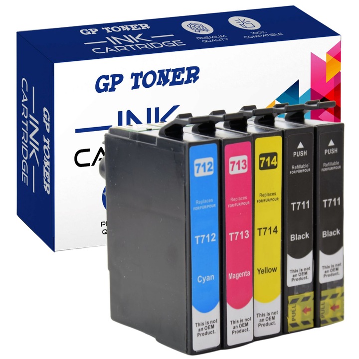 Set de 5 Cartus de cerneala, Compatibil cu Epson T0711, T0712, T0713, T0714 GP TONER CMYK, 3000 pagini
