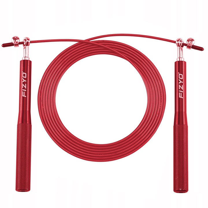 Professzionális ugrókötél, Fizyo FFISP-3016, acélból, állítható, fogantyúk 15 cm, teljes hossza max 330 cm, csúszásmentes fogantyúk, csapágyak, 143g, piros