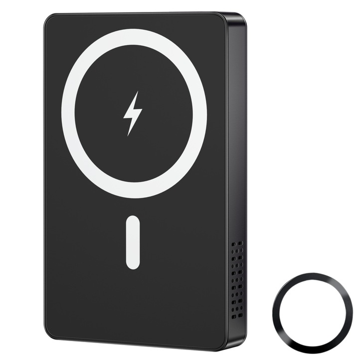 Външна безжична магнитна батерия ESL by Essential Level®, 10000 mAh, 15 W бързо зареждане PD 20 W, LED цифров дисплей, вграден вентилатор за охлаждане, съвместим с iPhone 15/14/13/12/Pro/Mini/Pro Max, магнитен Пръстен