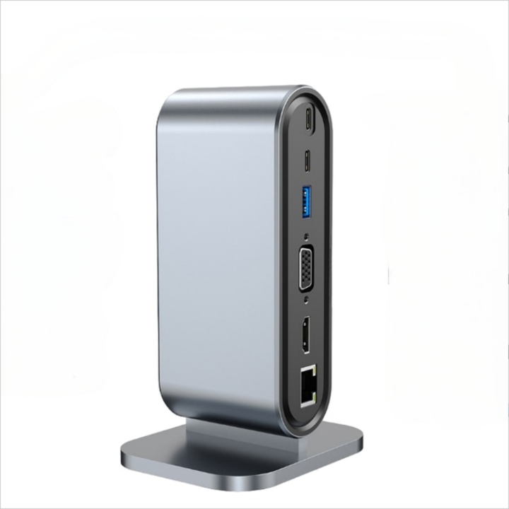 12 в 1 USB C хъб, алуминиева вертикална стойка, 3*USB 3.0, Ethernet порт, USB-C порт за данни, VGA/1080P, SD/TF, 4K/30Hz, 100W PD зареждане за лаптоп/мишка/ключ/USB стик, Сив
