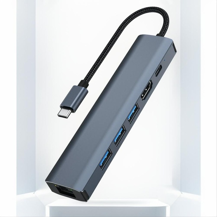USB-C хъб 6 в 1, MOSMAOO®, с 3 USB3.0 порта, 1Gbps RJ45 Ethernet, 1x 1000 Mbps интернет порт, 1x Type C, Ethernet адаптер за MacBook Pro/Air, iPad Pro, Google Pixelbook, Тъмносив