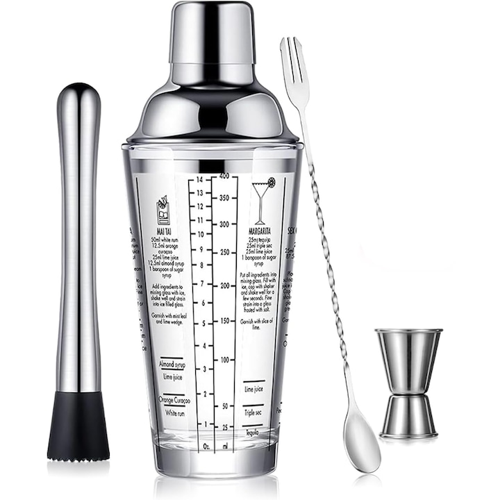 Комплект за приготвяне на коктейли от 4 части, Неръждаема стомана, 400 ml, Сребро
