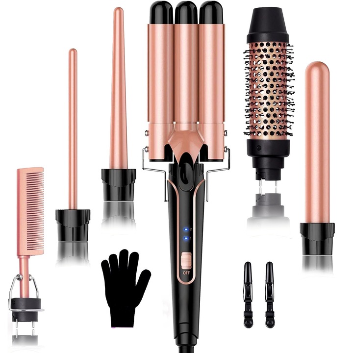 Маша 6 в 1, въртяща се на 360°, EXCITED, турмалинова керамика, 2 температурни нива, 150° C-210° C, 2 m кабел, ръкавици, розово