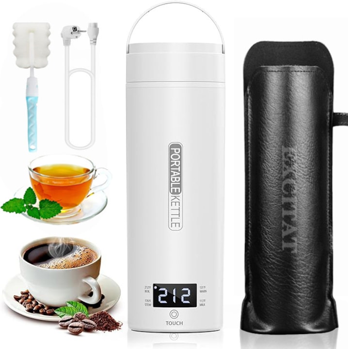 Fierbator portabil, Excitat®, sticla electrica cu apa calda, 500 ml, 4 presetari de temperatura, display LCD, fierbere anti-uscare, ABS, 220V, ideal pentru birou sau calatorii, design dublu strat anti-oparire, Alb