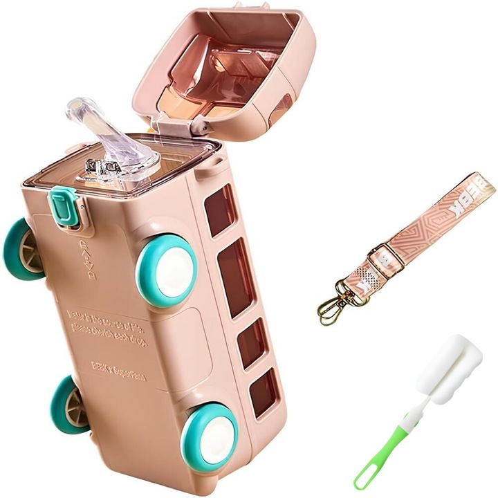 Sticla Apa Pentru Copii / Jucarie Autobuz, Top Buy, Perie cu ceasca gratuita, catarama de blocare de siguranta, Pai Incorporat, Tritan, Fara BPA, Fara Scurgeri, Curea Ajustabila Si Detasabila, 500ml, roz, cadou de intoarcere la scoala