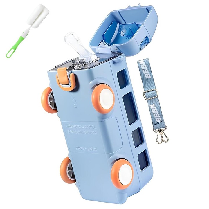 Sticla Apa Pentru Copii / Jucarie Autobuz, Top Buy, Perie cu ceasca gratuita, catarama de blocare de siguranta, Pai Incorporat, Tritan, Fara BPA, Fara Scurgeri, Curea Ajustabila Si Detasabila, 500ml, albastru, cadou de intoarcere la scoala