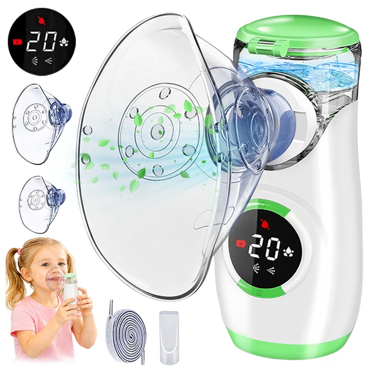 Aparat Aerosoli Gemevo® Nebulizator Portabil Ultrasonic, Ultra silentios, Display digital, Functie curatare automata, Tehnologie Mesh, Masca Adulti si Copii, Incarcare USB-C