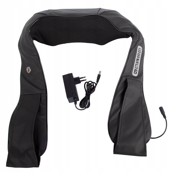 Perna de masaj electrica cu incalzire tip guler, UBX, pentru masajul gatului, umerilor si spatelui, 2 capete de masaj rotative, buton ON/OFF, muzica relaxanta, 20W, 40x16 cm, neagra