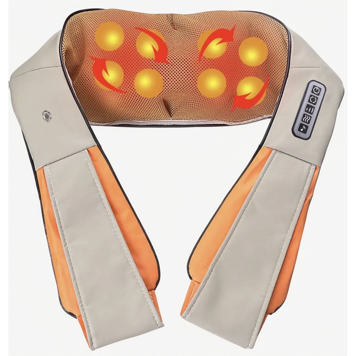 Perna de masaj electrica cu incalzire tip guler, UBX, pentru masajul gatului, umerilor si spatelui, 2 capete de masaj rotative, buton ON/OFF, muzica relaxanta, 20W, 40x16 cm, crem