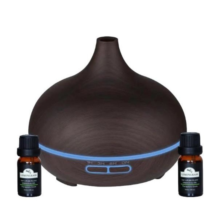 Aromaterápiás diffúzor szett párásító funkcióval 500ml sötét fa + 2 illóolaj különböző aromákkal