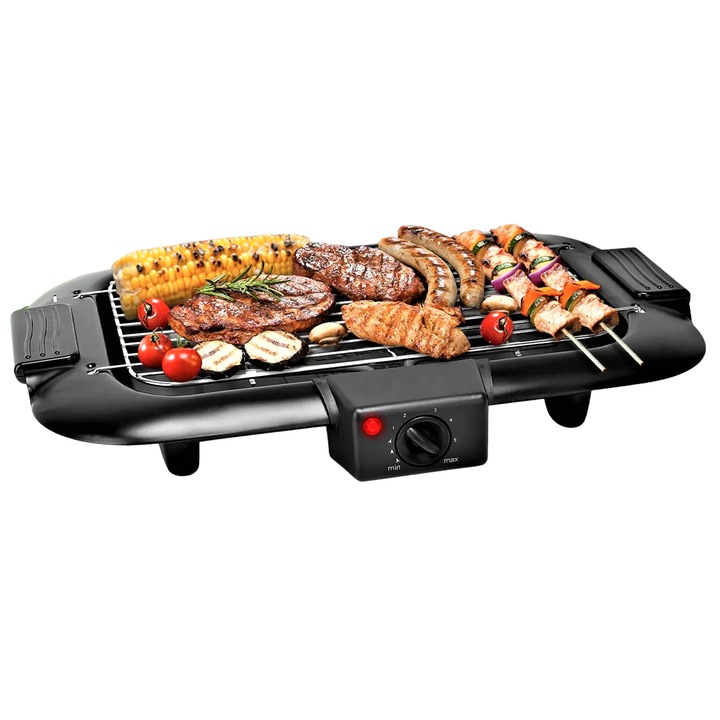 Gratar Electric Tasty Fara Fum, 2000W, Termostat cu 5 Trepte, Grill Detasabil, Inaltime Reglabila, Suprafata Antiaderenta, Portabil, 51.5x34x9.5 cm, Negru