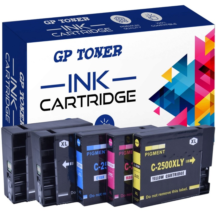 5 db tintapatron készlet, kompatibilis a Canon PGI-2500XLBK, PGI-2500XLC, PGI-2500XLM, PGI-2500XLY, GP TONER, CMYK típusokkal