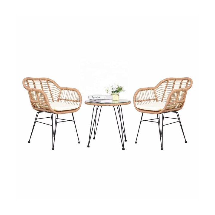 Set pentru terasa cu 2 scaune 56x59x82 cm si o masuta 53x53, maro/ negru, din metal si polipropilena stil bambus, Hectarul