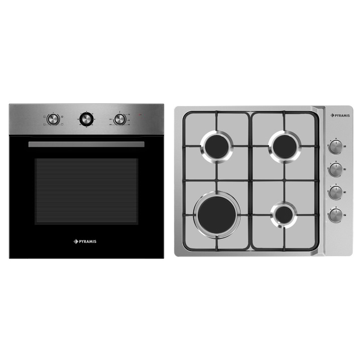 Pachet Pyramis 6P, cuptor electric incorporabil si plita gaz, 4 functii, clasa A, volum 65 litri, timer mecanic, butoane retractabile, 4 arzatoare, gratare emailate, finisaj inox si sticla neagra