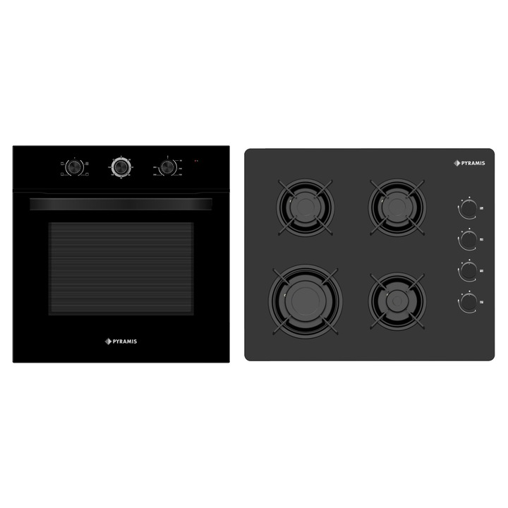 Pachet Pyramis 2P, cuptor electric incorporabil si plita gaz, 4 functii, clasa A, volum 65 litri, timer mecanic, butoane retractabile, 4 arzatoare, gratare individuale emailate, finisaj sticla neagra