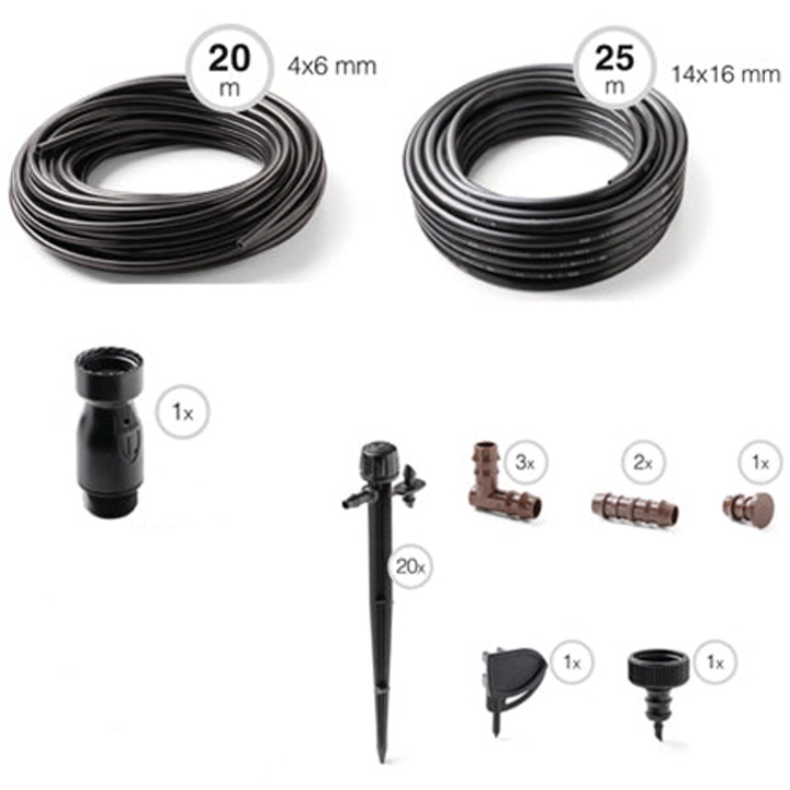 Комплект за поливане/напояване GF Garden GF80006299 с 20 капкови глави, 25 м колекторен маркуч 14x16 мм, 20 м капилярен маркуч 4x6 мм, Редуктор на налягането, 20 регулируеми поливни глави, 3/4 връзка