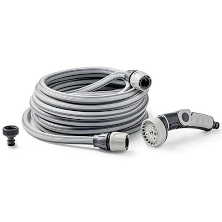 Kit furtun extensibil pentru gradina GF Garden AQUAGO EASY, auto-retractabil, extensibil max. 30 m, anti-rasucire, anti-indoire, flexibil, contine: furtun + pistol stropire 8 functii + conector 3/4