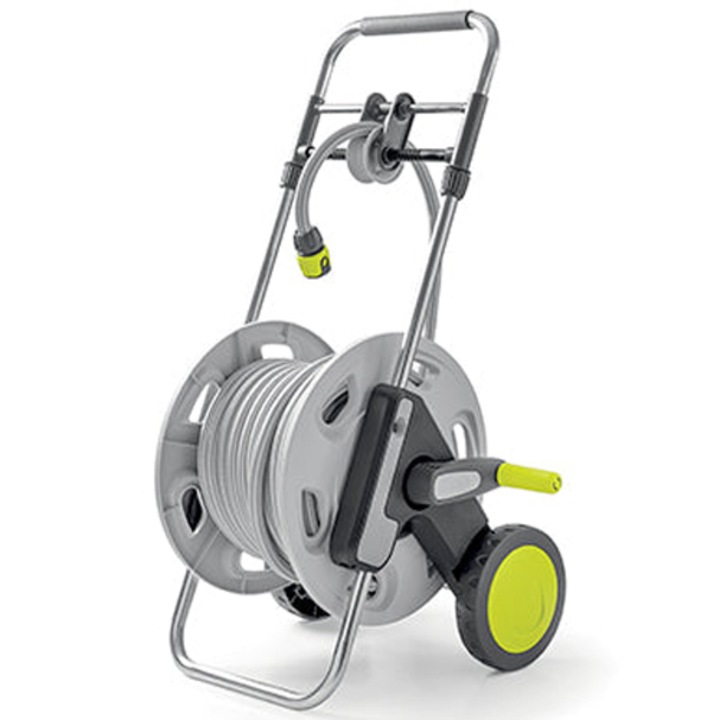 Количка за маркуч + градински маркуч 30 м 5/8 GF Garden Concept Easyguide, Маркуч 30 м 5/8, Метална рамка, Пластмасов барабан, Включва: 4 конектора 1/2 - 5/8 + пистолет 8 с функции, Телескопична дръжка, Транспортни колела