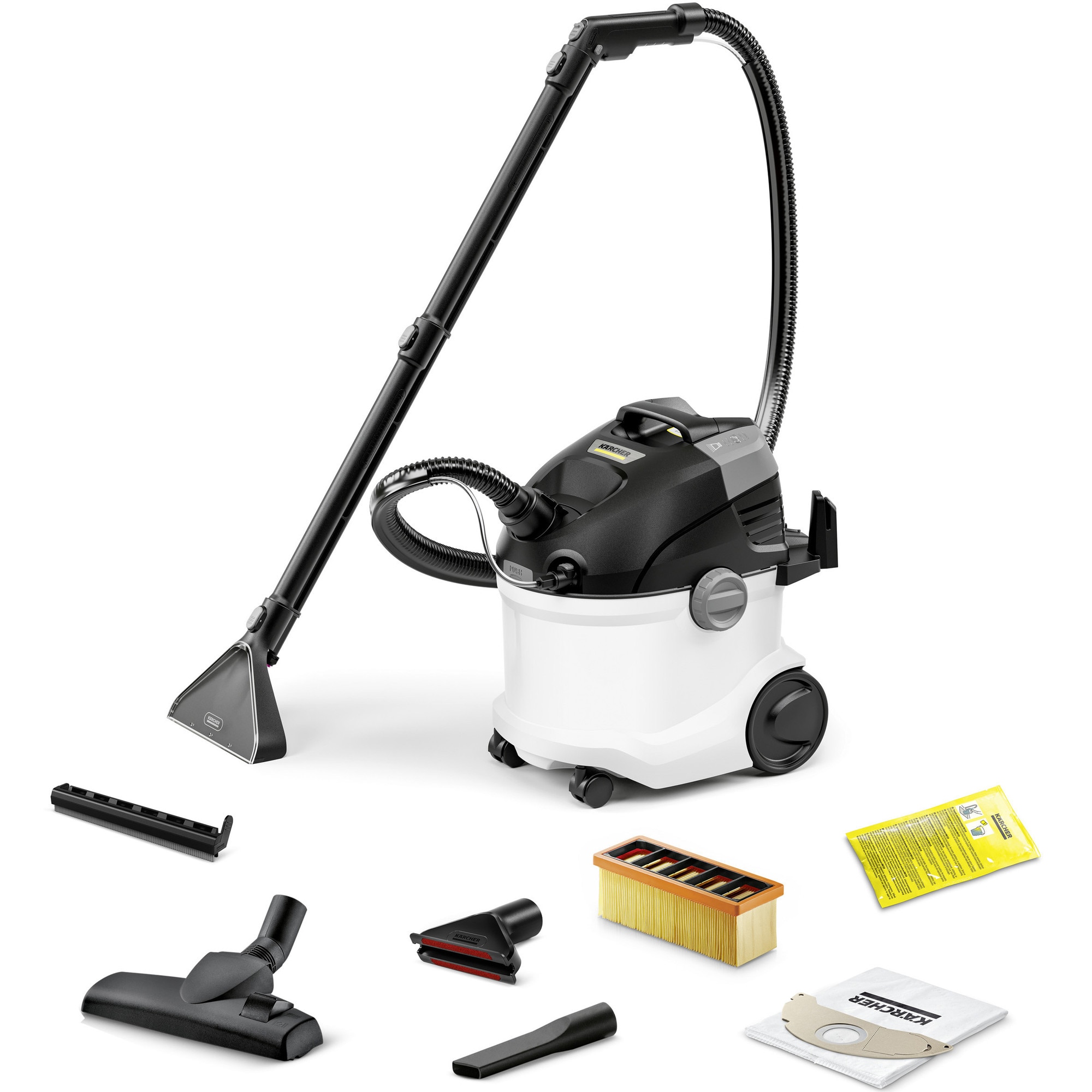 Aspirator cu spalare prin injectie-extractie Karcher SE 5, 1000 W, rezervor apa curata/murdara 4/4 l, duza injectie-extractie covoare, duze aspirare uscata, detergent 100 ml, 1.081