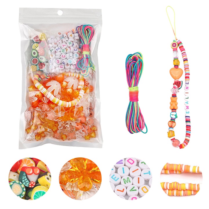 Set Accesorii Bijuterii DIY, Brelocuri Telefon, Margele Fructe, Litere, Ceramica, Sfoara Colorata, Multicolor, 400 Piese