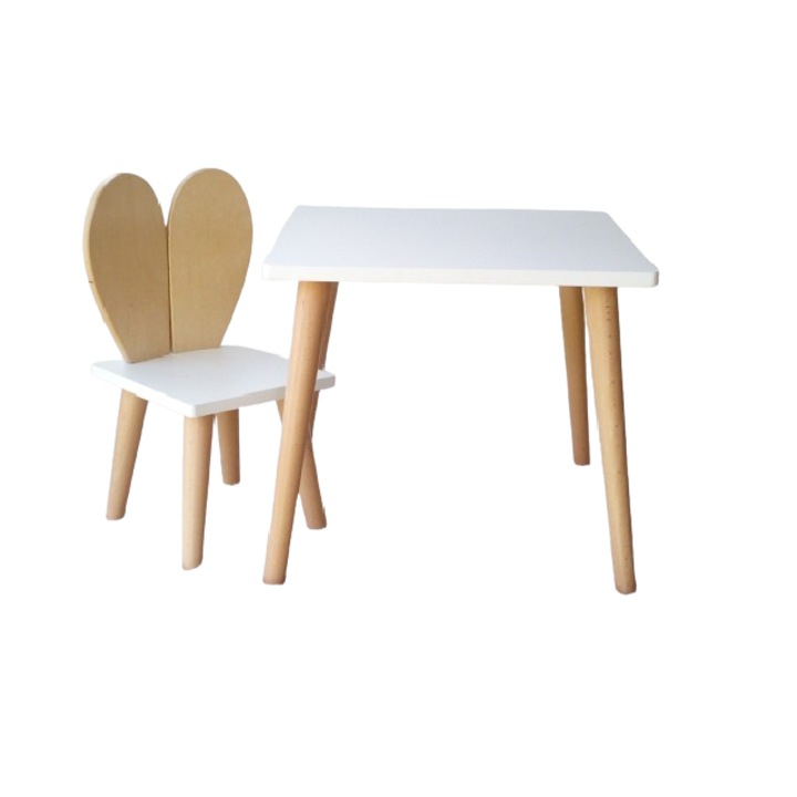 Set mobilier pentru copii, masa si scaunel cu urechi de iepure, alb/bej, lemn natural, 50x50x47cm
