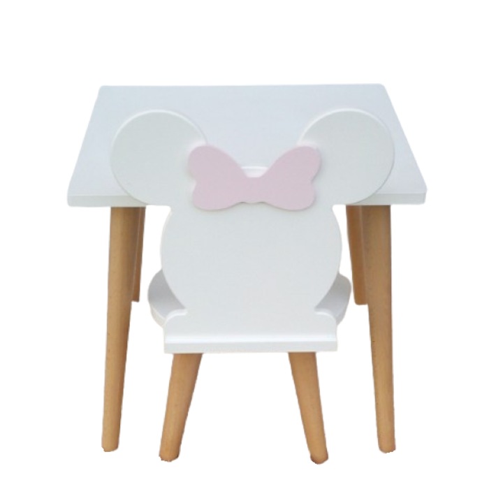 Set masa si scaun, pentru copii, lemn, blat 50x50cm, alb/roz