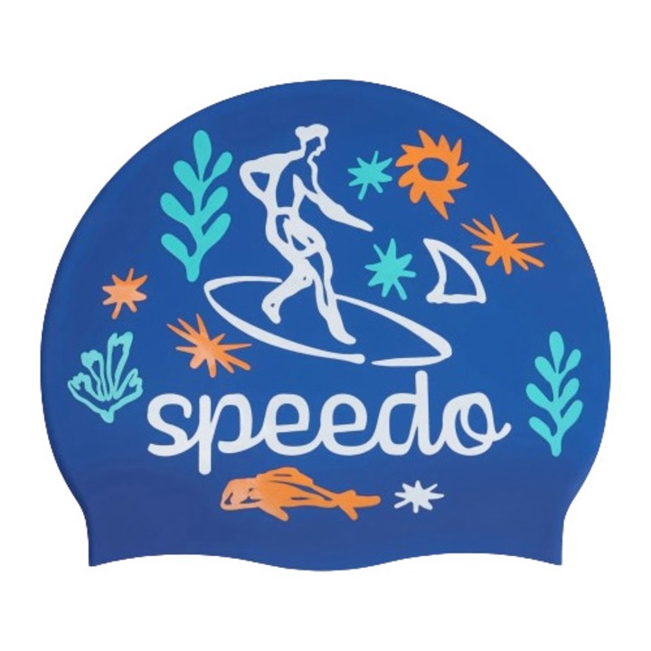 Speedo Slogan Print szilikon úszósapka, felnőtt, kék/fehér