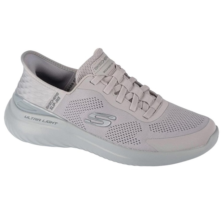 Skechers, Pantofi sport slip-ins din plasa cu detalii logo Bounder 2.0, Gri