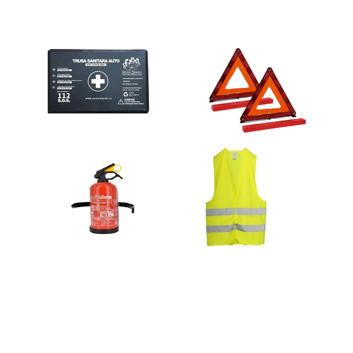 Kit siguranta auto omologat R.A.R. valabilitate 5 ani Trusa prim ajutor, 2xTriunghi, Stingator, Vesta reflectorizanta